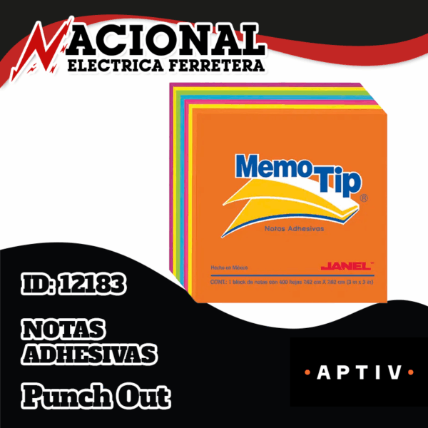 Punch-Out-NOTAS-ADHESIVAS-ID-12183 CUBO MEMOTIP 3" X 3" C/400H 6 COL. NEON JANEL CUENTA FACIL AZOR
